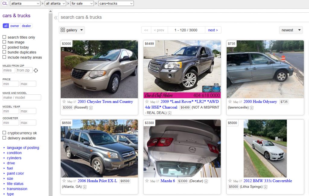 craigslist landing page of car listings