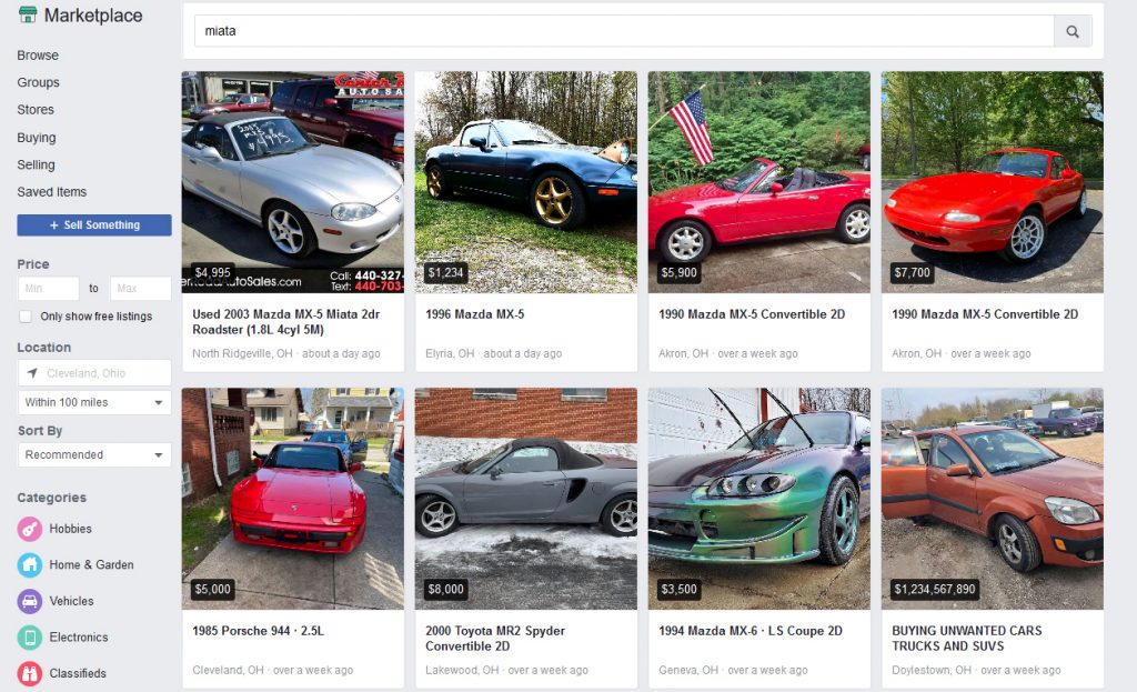 facebook marketplace landing page of car listings