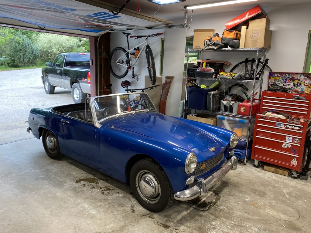 Austin Healey Sprite in garage