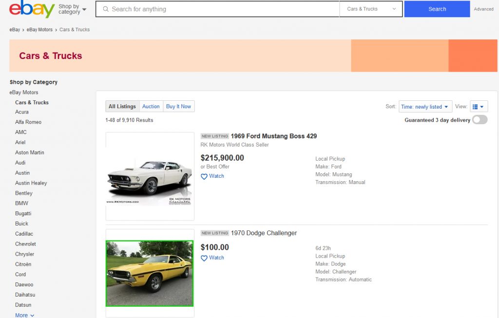 ebay landing page of classic car listings