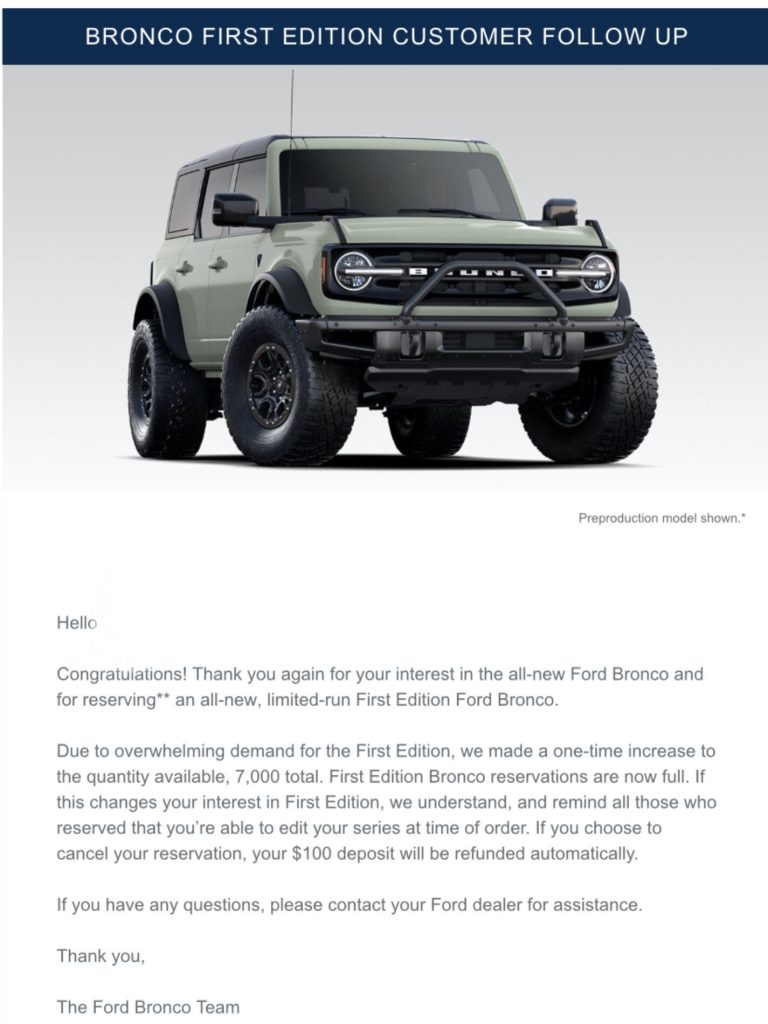 2021 Bronco First Edition reservation email
