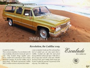 gold Cadillac Escalade 1977 VI front three-quarter ad