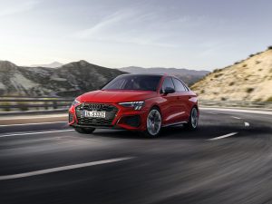 Audi S3 Sedan tango red front three-quarter
