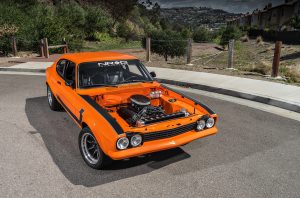 1974 Mk I Ford Capri restomod front three-quarter open engine bay