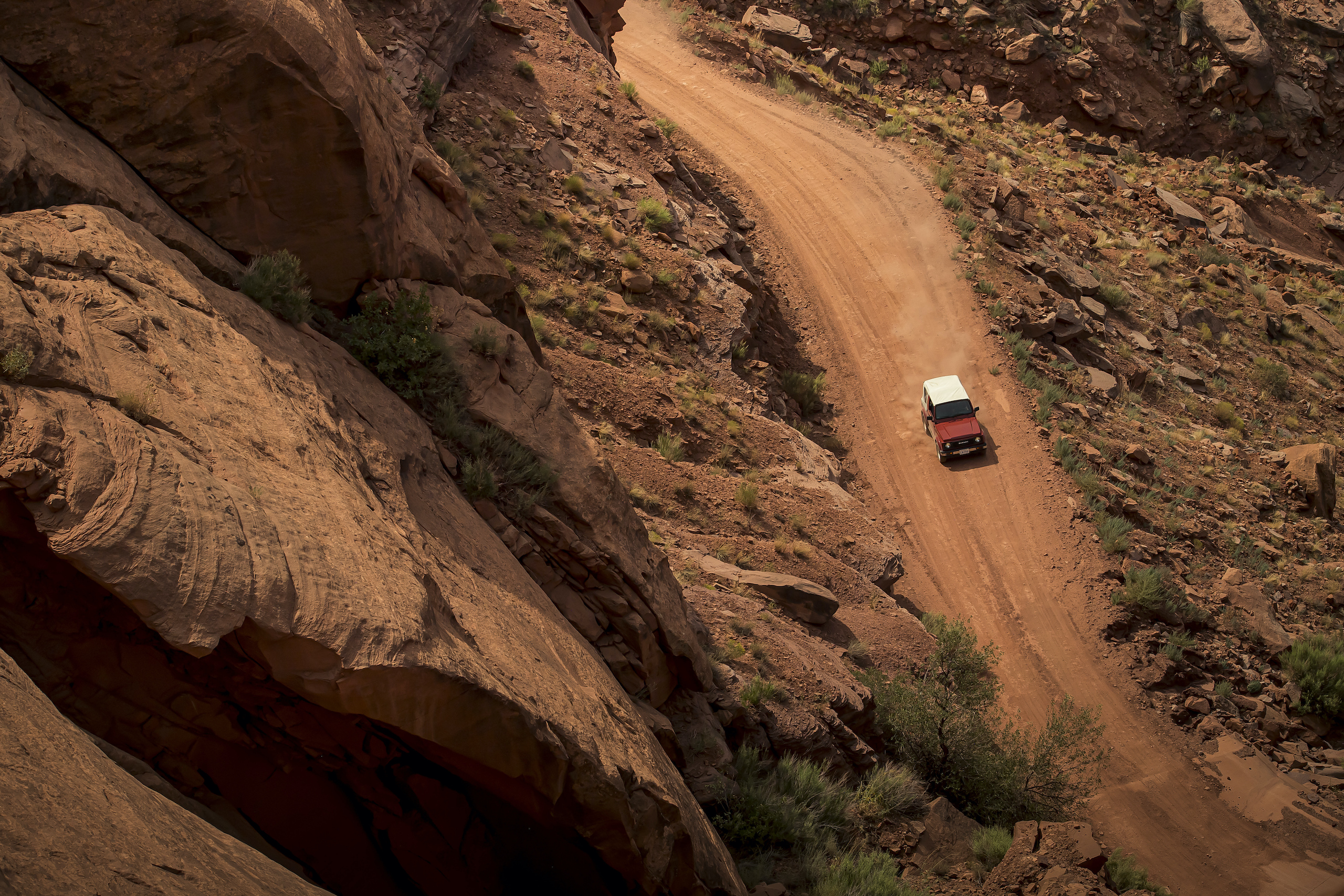 Suzuki Samurai aerial overhead Canyonlands Moab Utah
