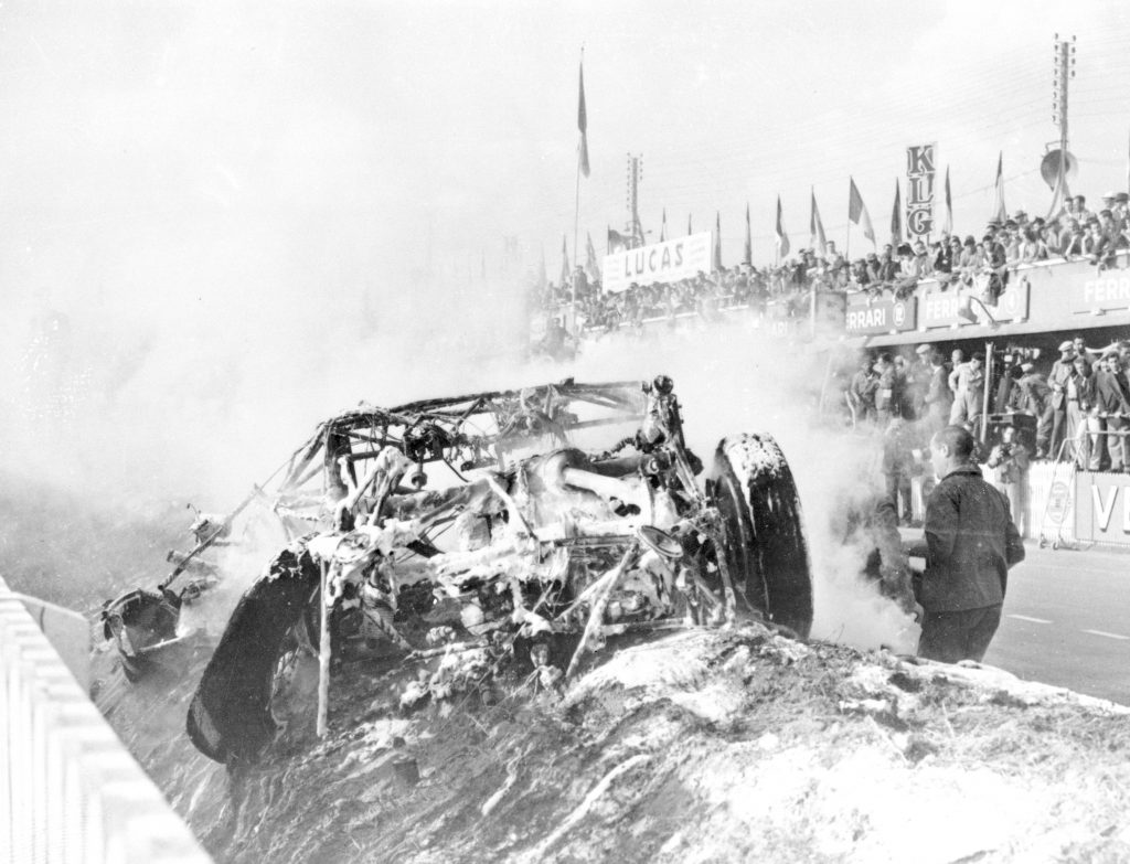Smoking and Burning Mercedes Due to Crash