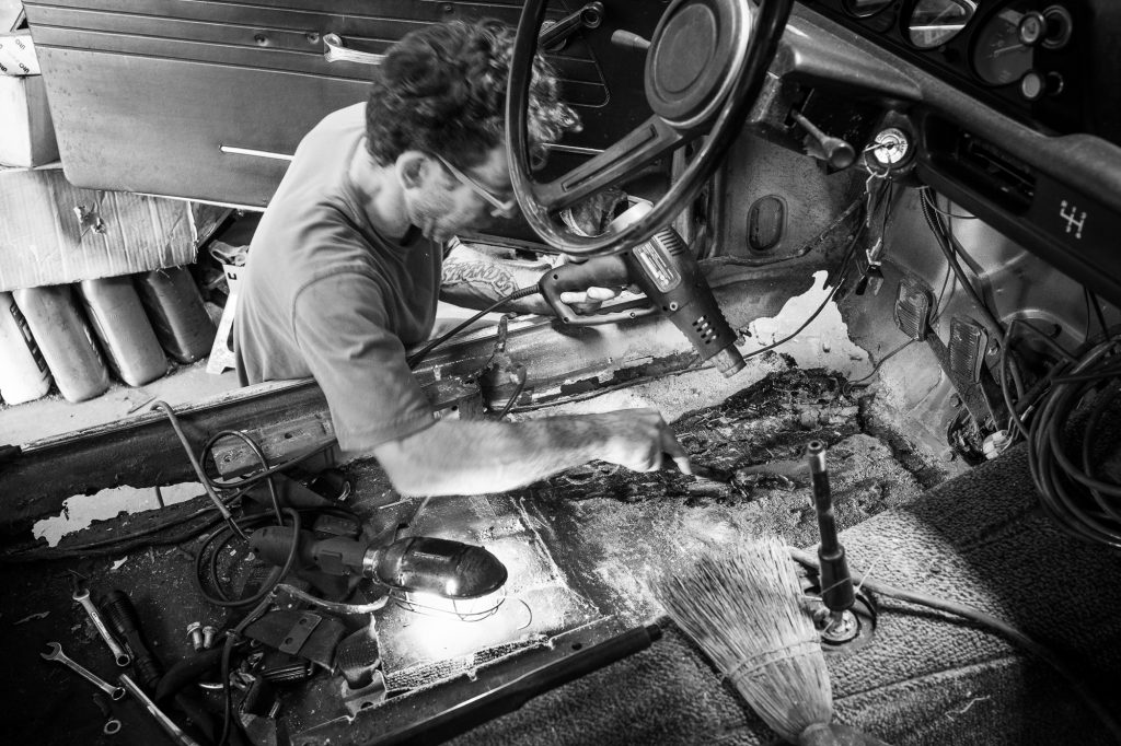 heat gun on bmw 2002 restoration project floor pan