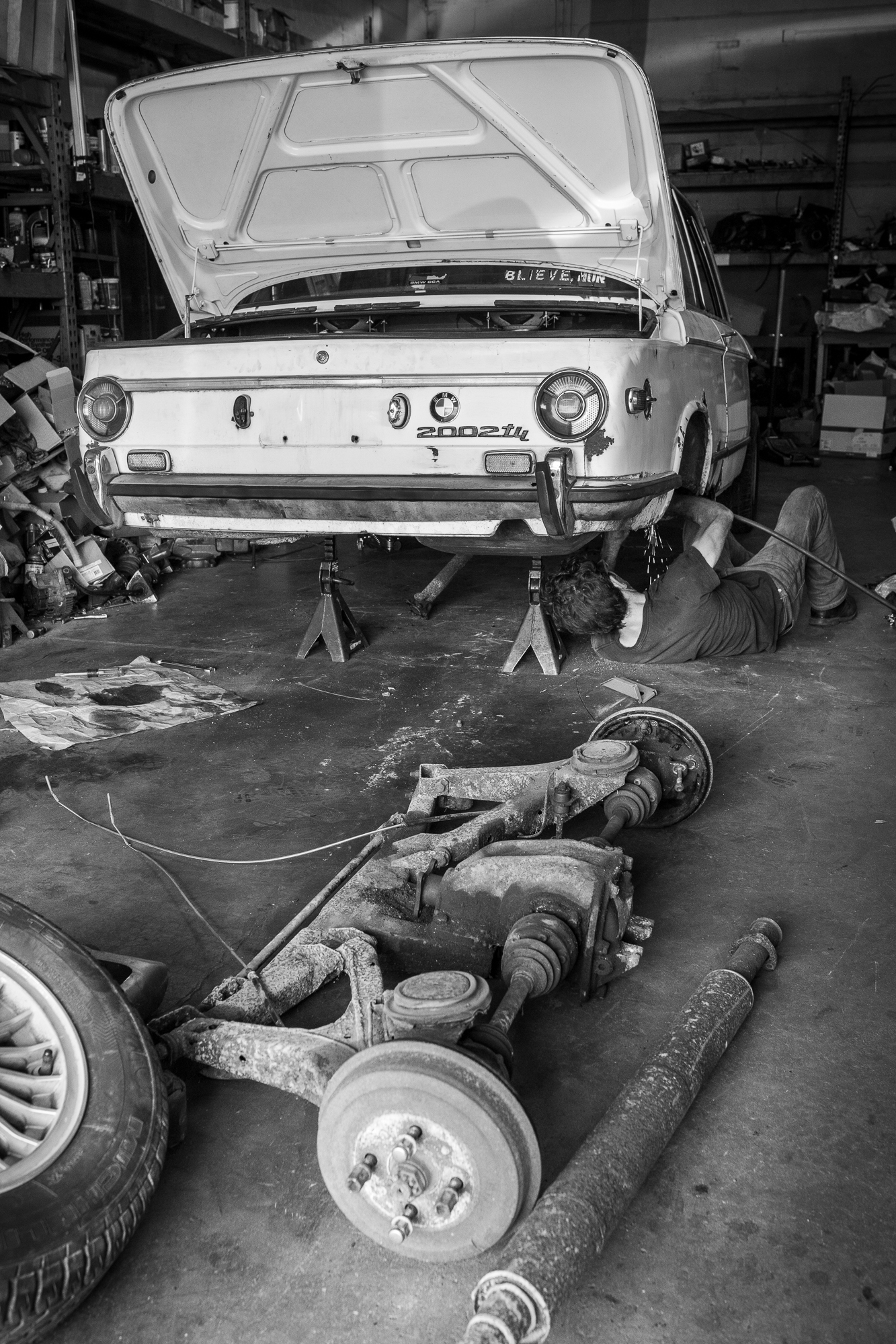 rear end removed from bmw 2002 restoration project