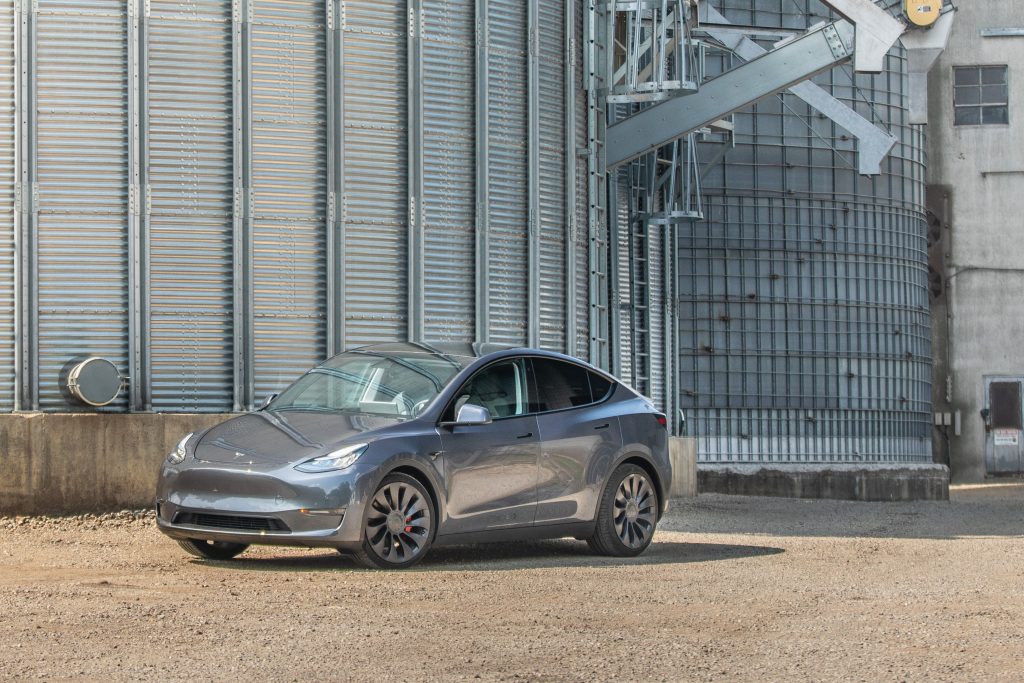 Tesla Model Y front three-quarter silos