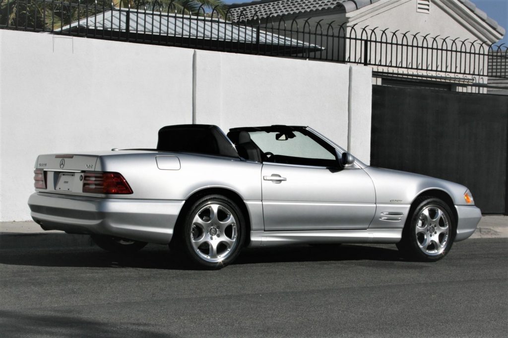 270-Mile 2002 Mercedes-Benz SL600 Silver Arrow rear three-quarter