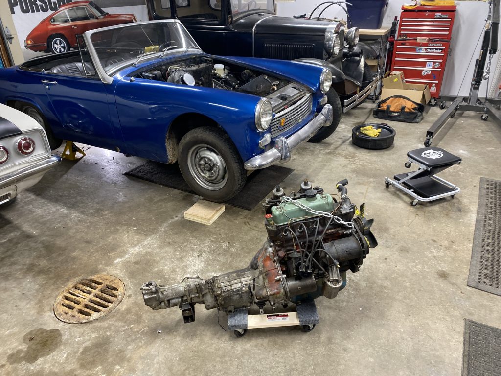 Austin Healey engine on floor