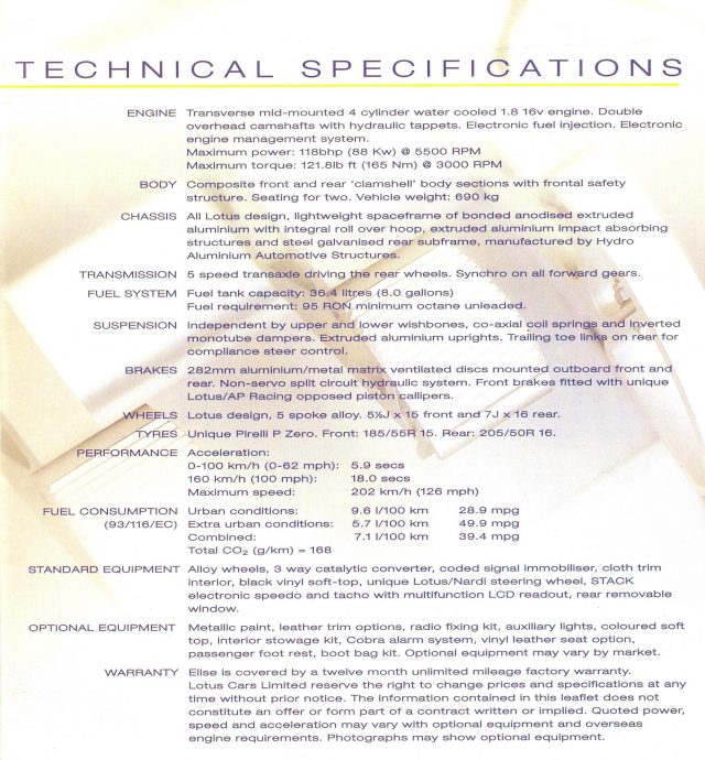 lotus elise specs