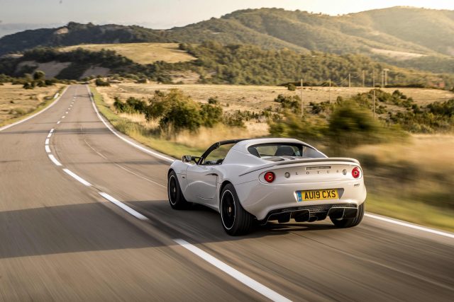 lotus elise rear three-quarter road action