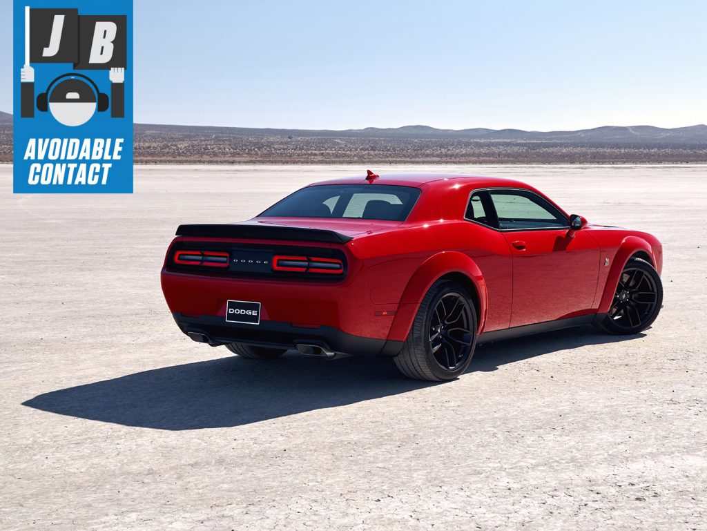 Red Dodge Challenger Widebody rear three-quarter