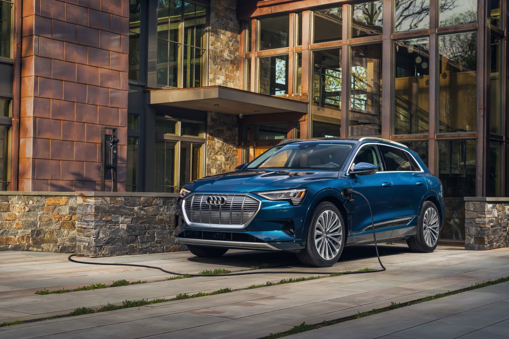 2021 Audi etron on charger front three-quarter