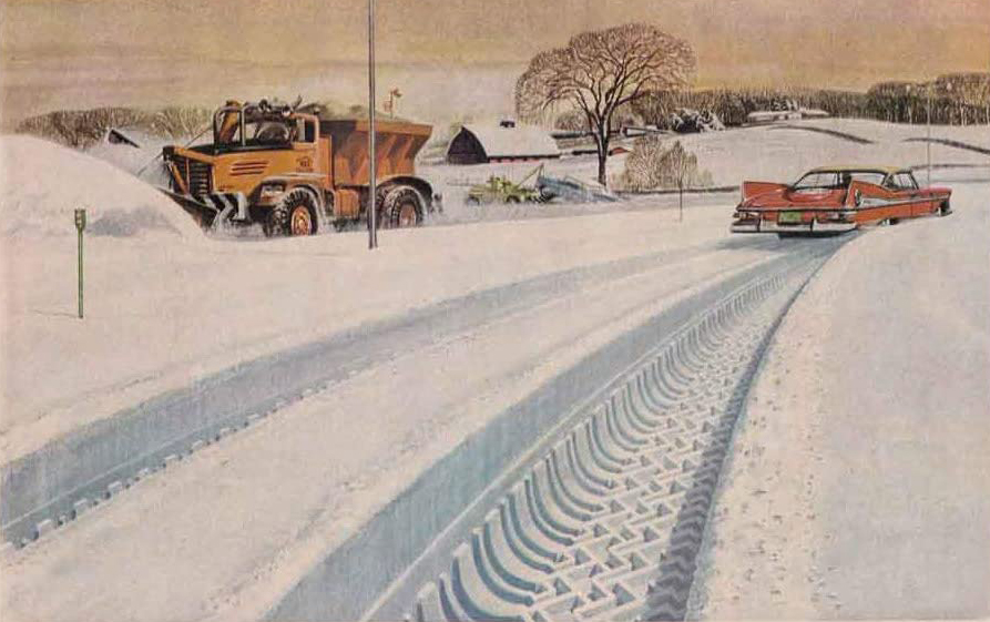 Goodyear Suburbanites plow truck and sedan snow tread illustration
