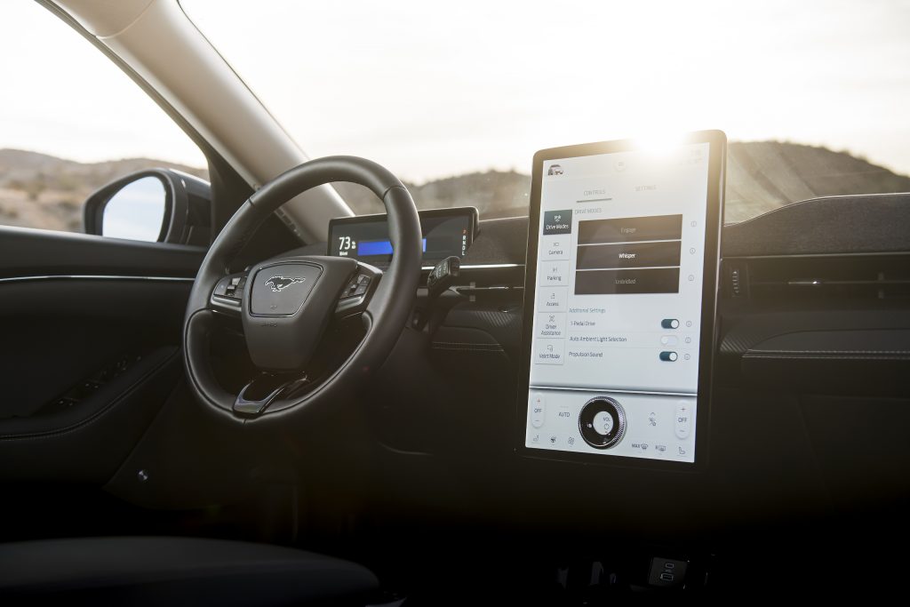 Mustang Mach-E interior steering wheel and infotainment screen