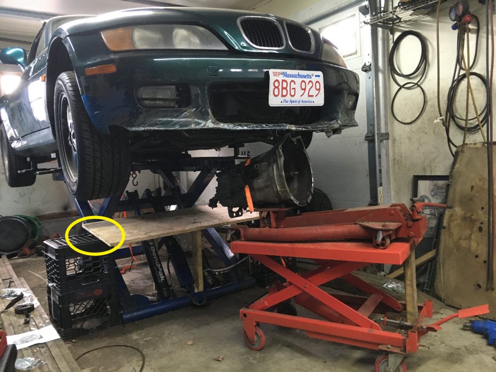 Rob Siegel - Removing a transmission on a mid-rise lift - IMG_5027_with_highlight