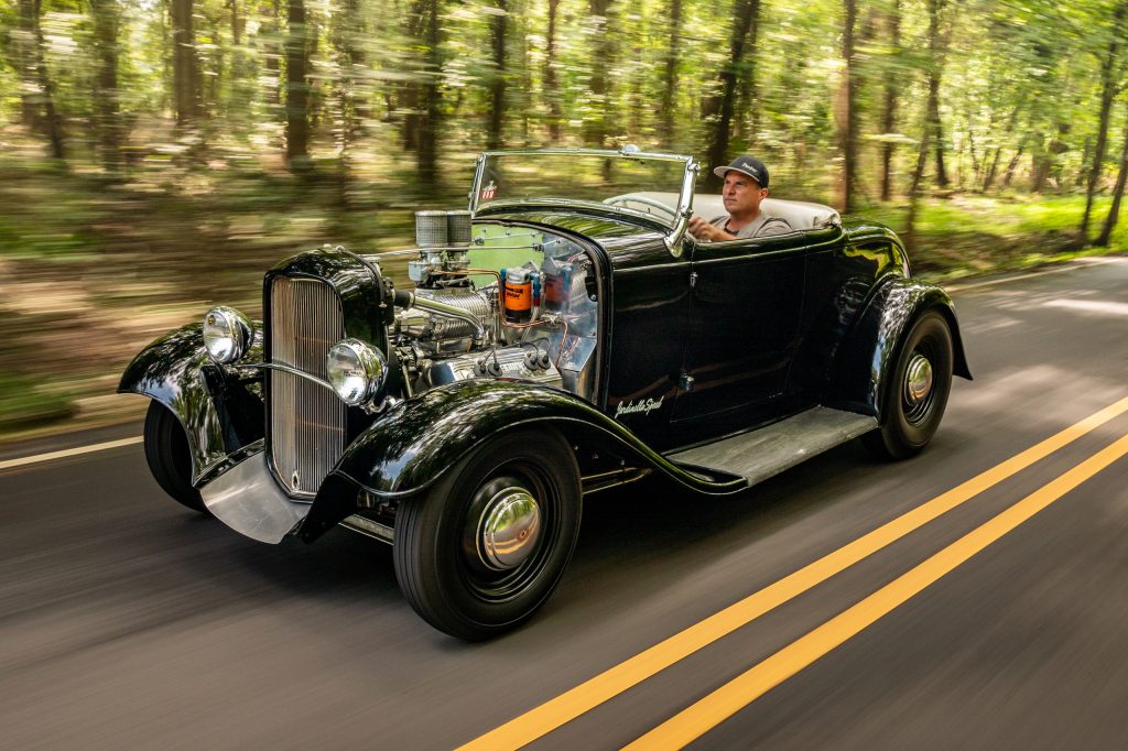 custom hod rod coupe roadster front three-quarter dynamic action