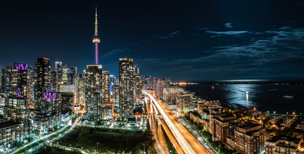 toronto city traffic light trails tower