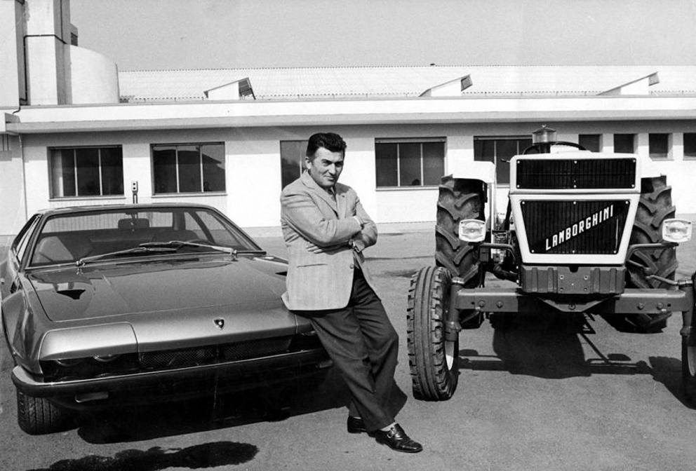 Ferruccio Lamborghini with lamborghini tractor and car