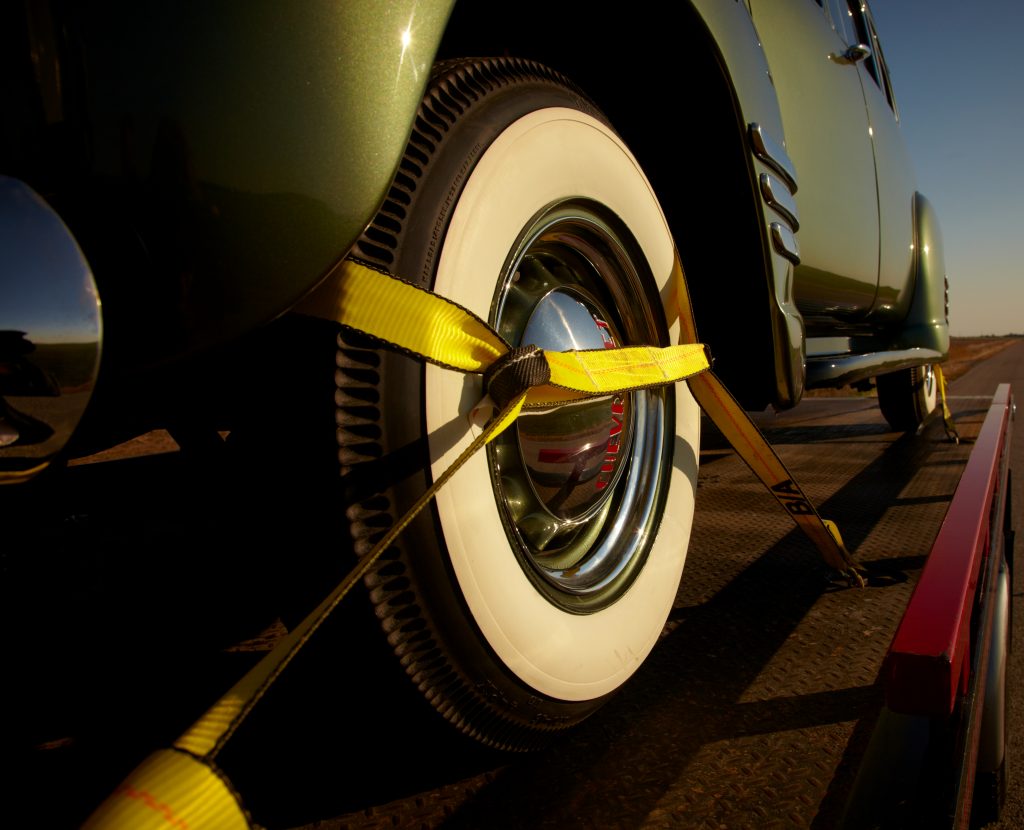 classic chevrolet on flatbed trailer