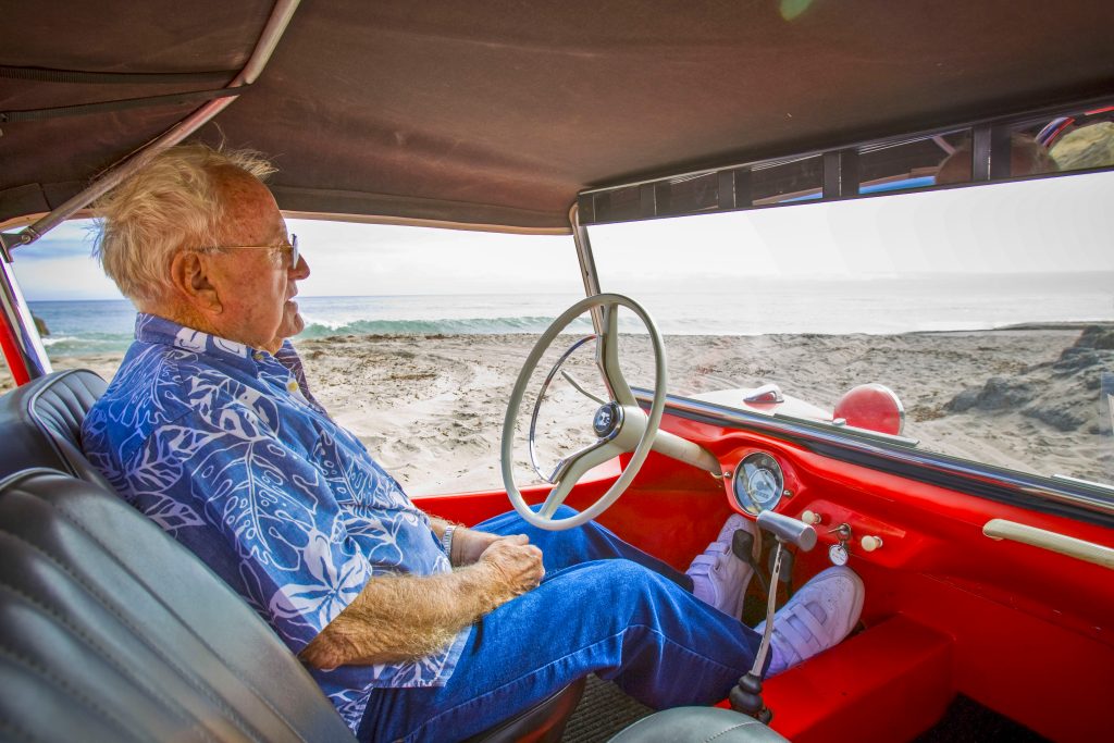 Meyers Manx Dune Buggy oceanside bruce behind wheel