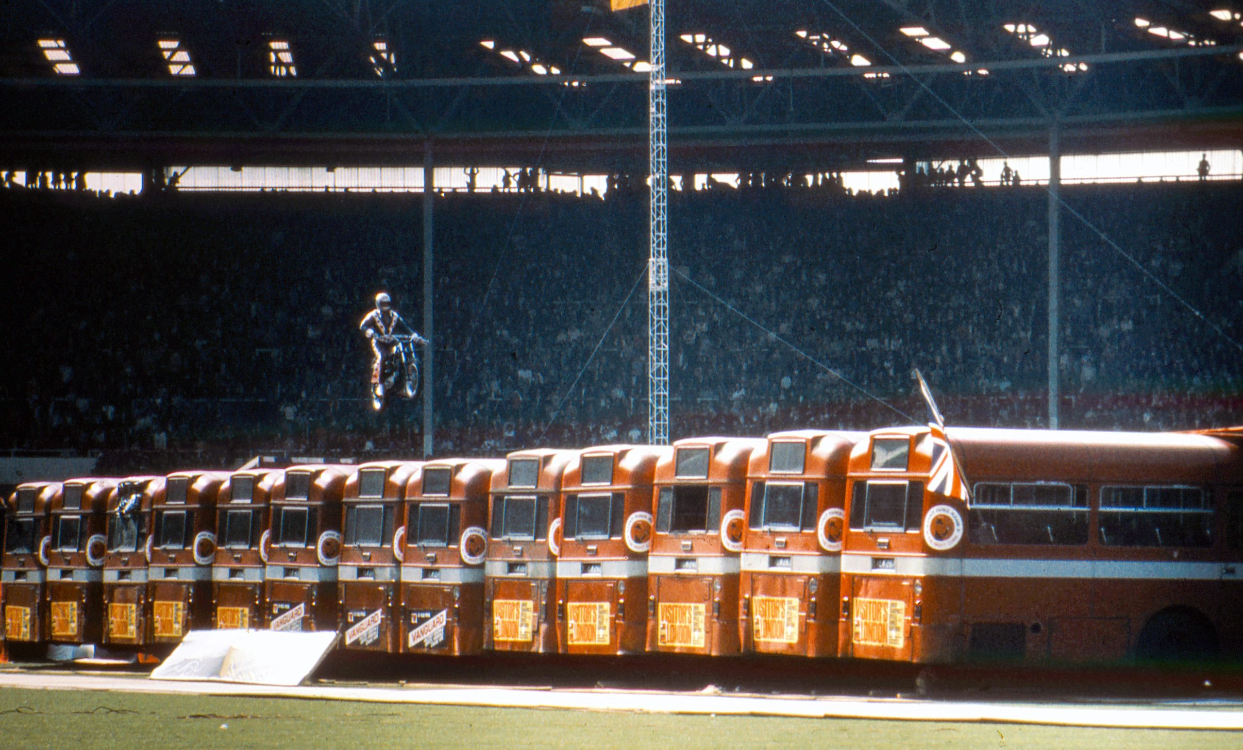 Evel Knievel Wembley Bus Jump mid-air color