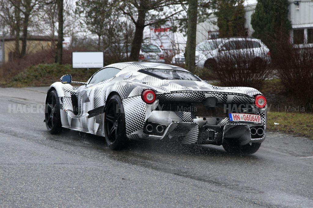 New Ferrari Hypercar Mule spy rear three-quarter