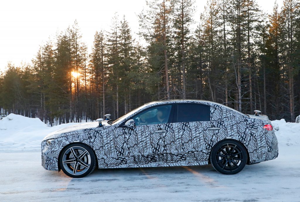 Mercedes AMG C63e camo spy side profile
