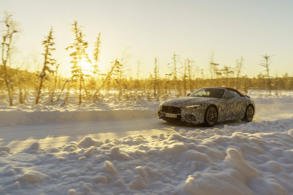 Mercedes SL winter testing single car golden hour front three quarter