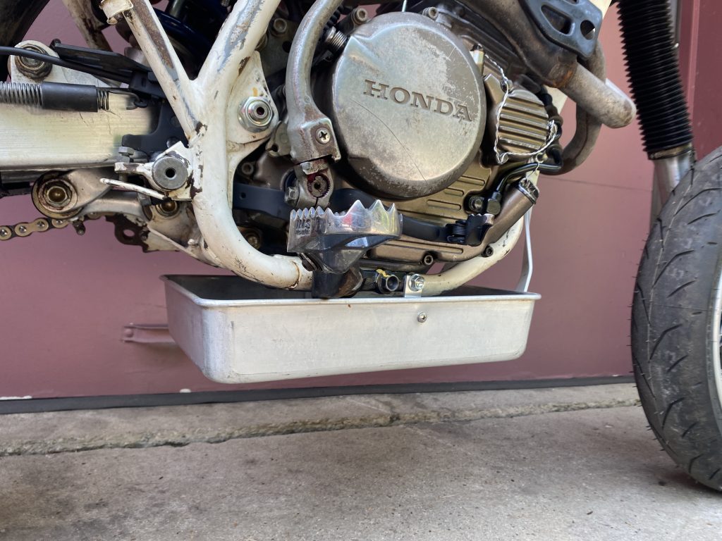 aluminum baking pan under Honda XR250R