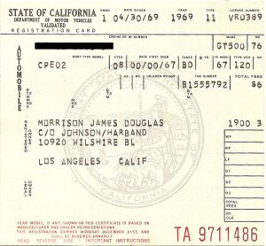 Jim Morrison - 1967 Shelby Registration - 4-30-69 Jim Morrison - 1967 Shelby Registration - 4-30-69