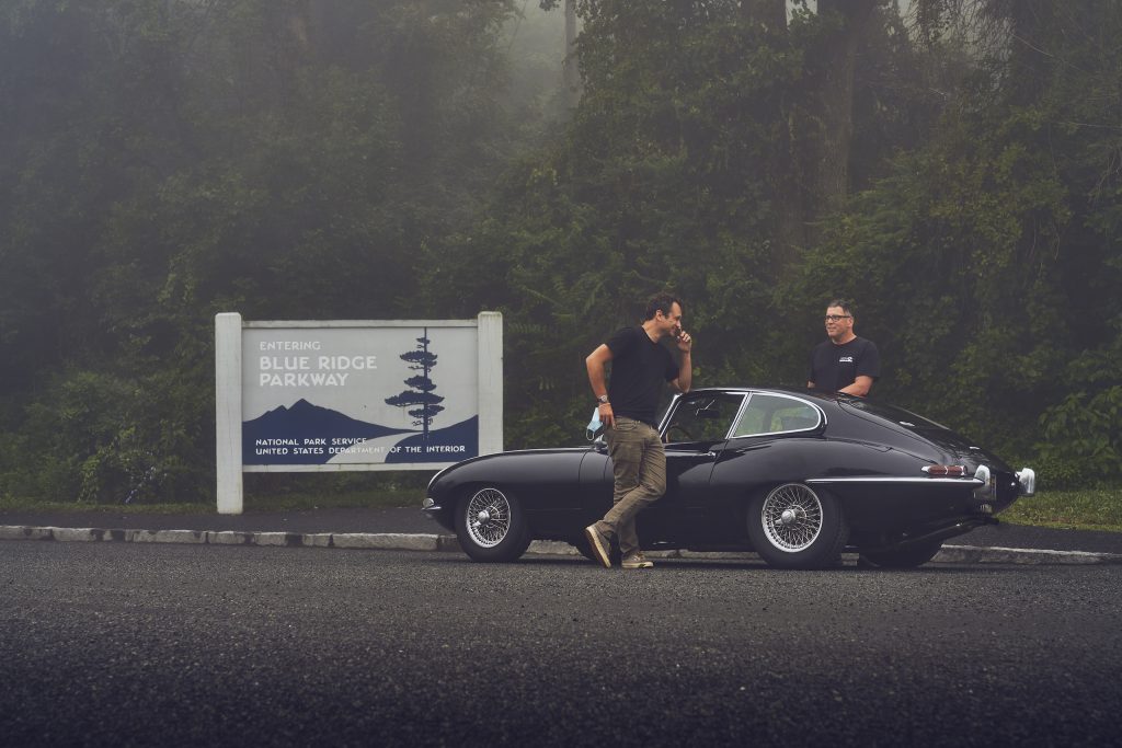 Jaguar E-Type blue ridge parkway road trip Jaguar E-Type blue ridge parkway road trip