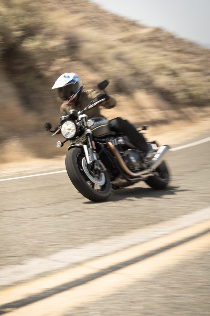 Triumph Speed Twin rider action front three-quarter vertical