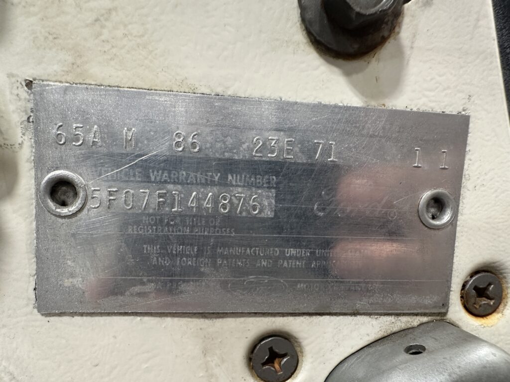 1965 Ford Mustang door data plate detail