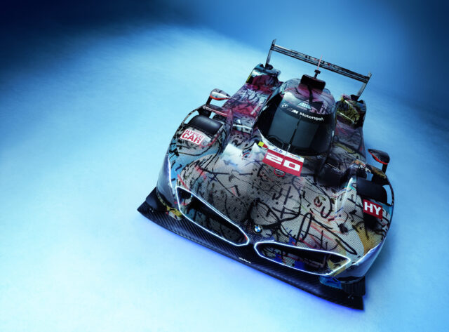 BMW Art Car 20 Le Mans Race Car high angle front three quarter