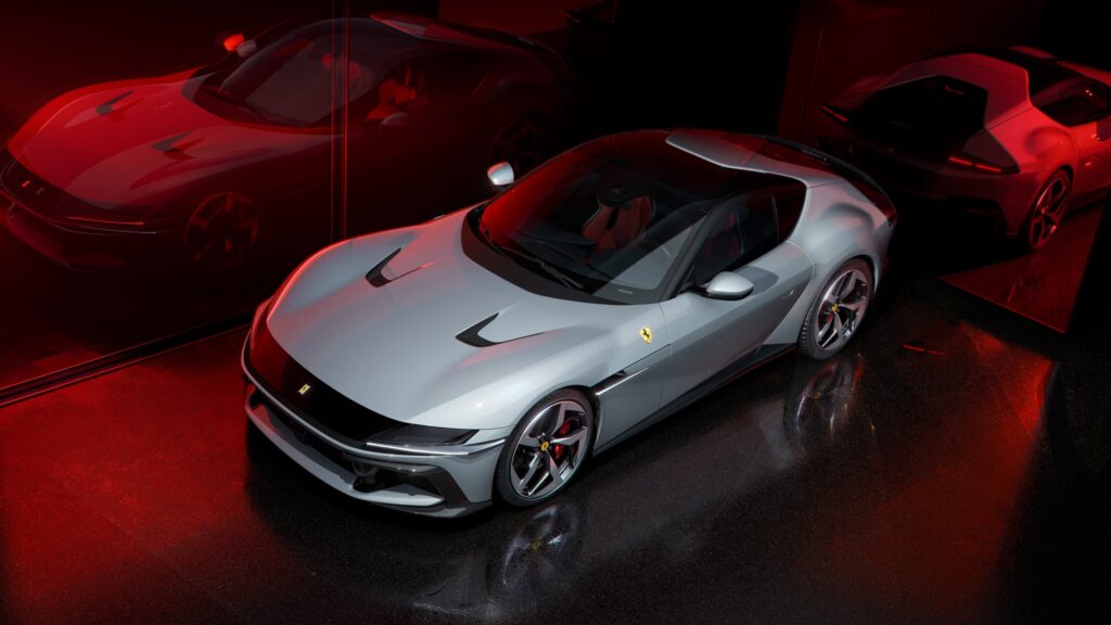 Ferrari V12 Cylindri silver front three quarter high angle