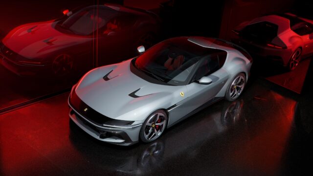 Ferrari V12 Cylindri silver front three quarter high angle