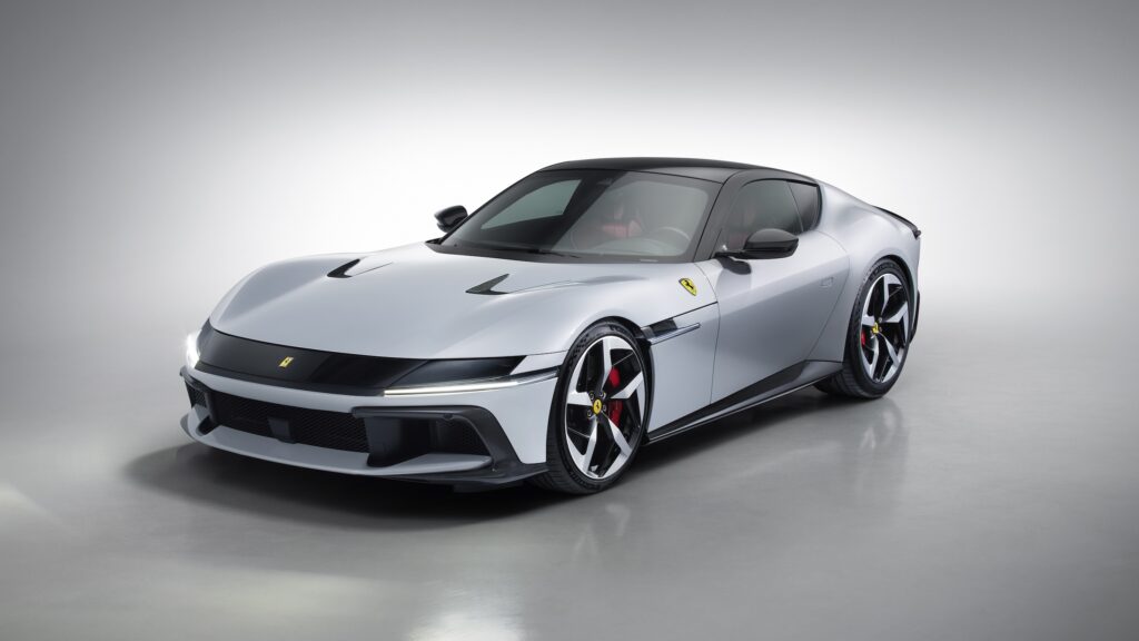 Ferrari V12 Cylindri silver front three quarter