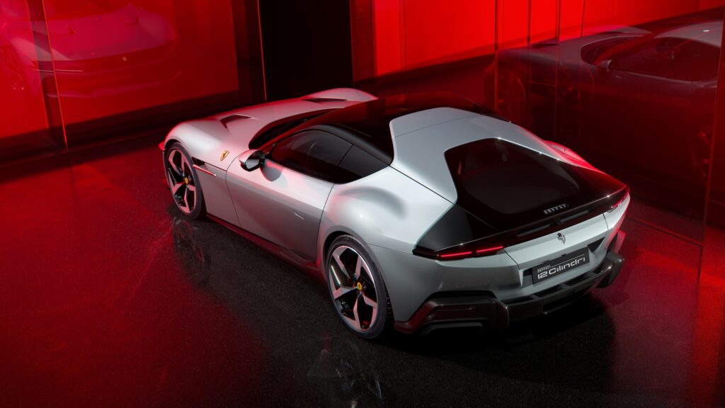 Ferrari V12 Cylindri silver rear three quarter