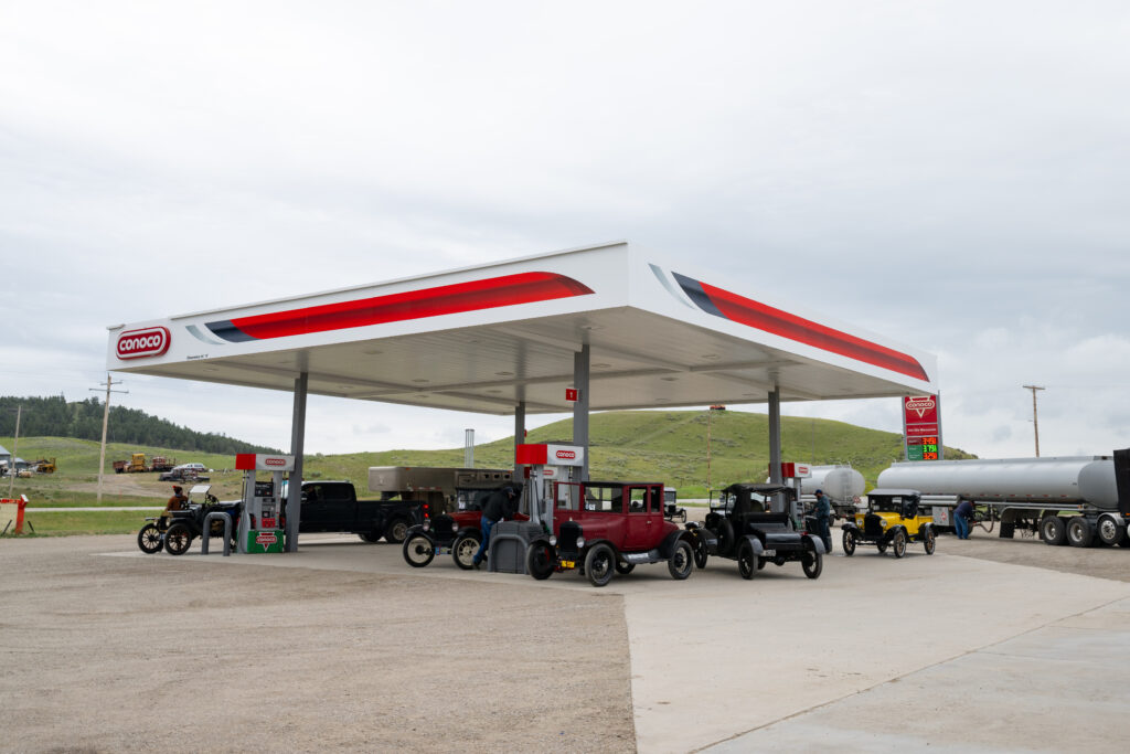 gas station filled with Model Ts