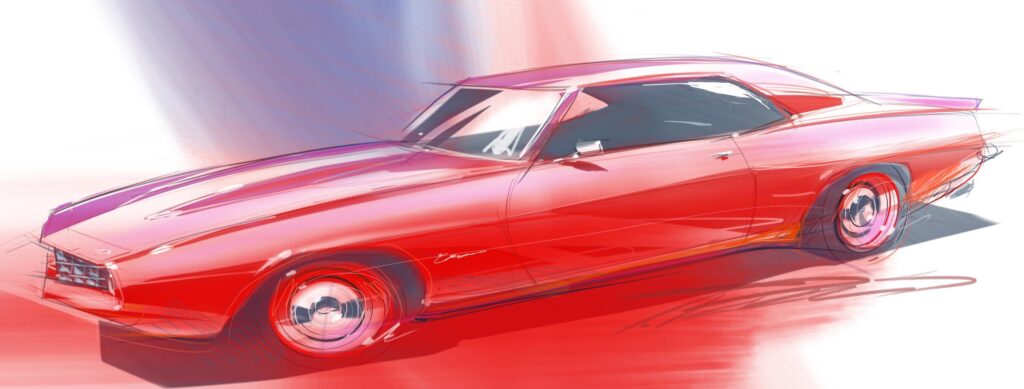 Tom Peters’ early design sketch for the reborn fifth generation of Camaro