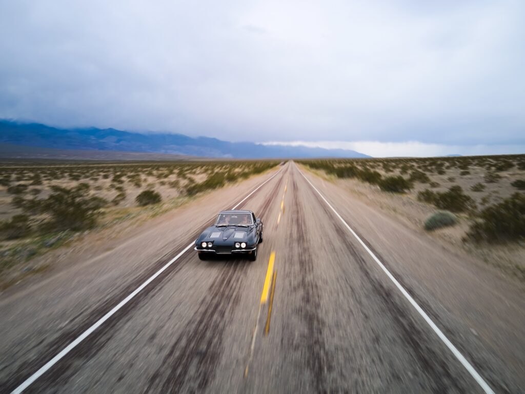Corvette Sting Ray high angle frontal barren road