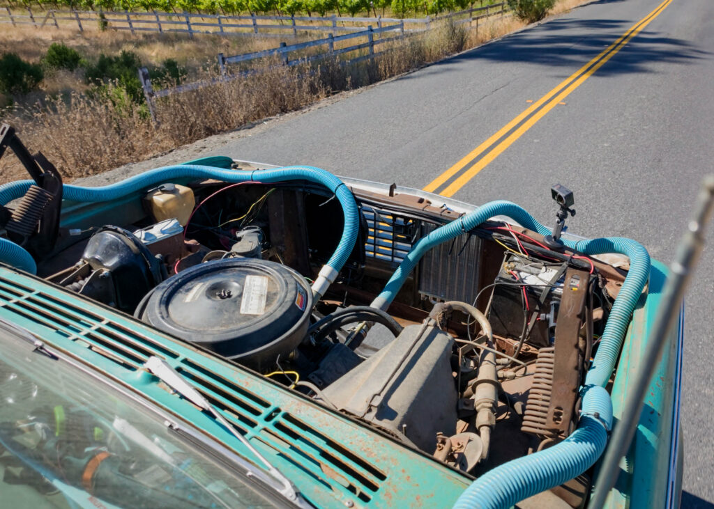 Driveway Finds Air-Cooled Chevy Small-Block view of engine bay overhead
